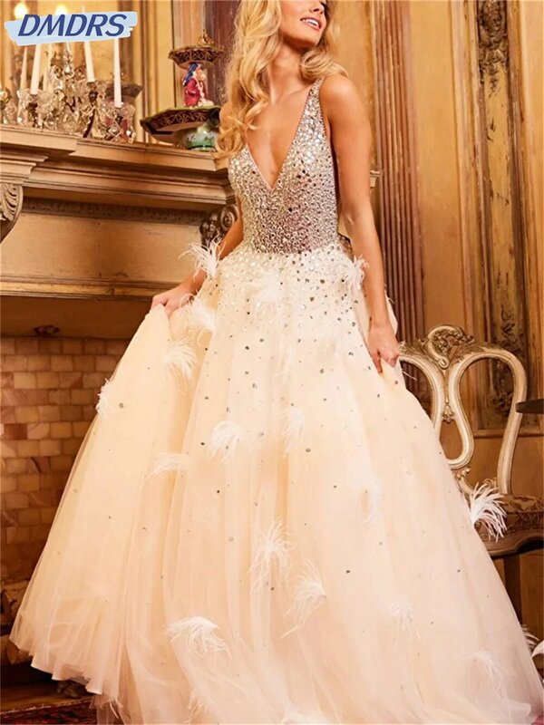 Gaun prom A-Line leher V rendah menawan 2024 gaun malam Tulle modis sederhana gaun panjang lantai Vestidos De Novia