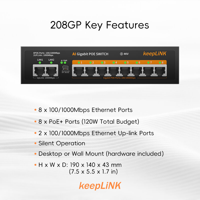 Keeplink PoE Switch 1000 Mbps 8พอร์ต, สวิตช์อีเธอร์เน็ตมาตรฐานเครือข่าย52V พลังงานในตัวสำหรับกล้องวงจรปิด IP กล้อง/เราเตอร์อินเตอร์เน็ตไร้สาย