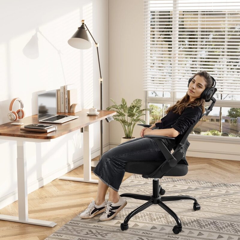 Cadeira alta do escritório traseiro com altura ajustável, malha, ergonômico, computador, encosto de cabeça confortável, preto