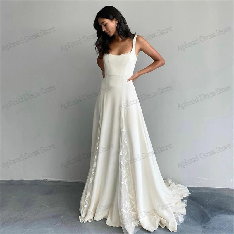Elegant Wedding Dresses Satin A-Line Bridal Gowns Lace Appliques Square Collar Robes For Formal Party Graceful Vestidos De Novia
