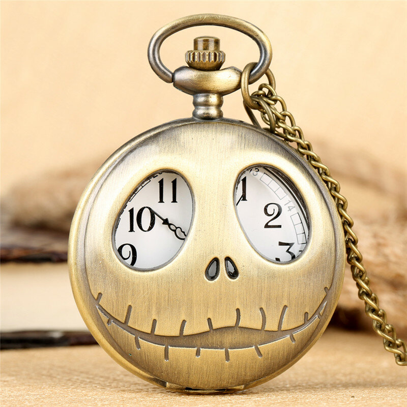 Steampunk Gothic Skull Design Hollow Out Alloy Case Quartz Pocket Watch for Men Women Festival Gift Clock with Necklace Chain