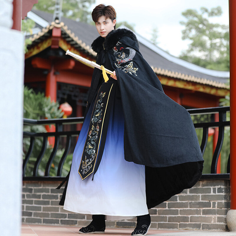 Casaco antigo com capuz grosso e longo Hanfu masculino original, roupas tradicionais chinesas, preto, outono, inverno