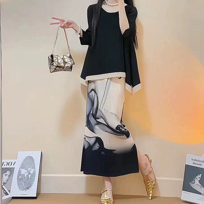 Two-piece skirt summer new fashion and leisure Joker luxury black ink print dress advanced suit