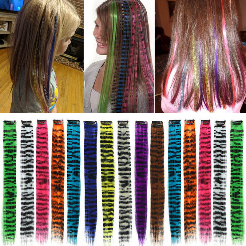 Bulu berwarna ekstensi rambut klip sintetis dalam rambut bulu warna-warni rambut palsu Ekstensi warna campuran rambut lurus untuk wanita