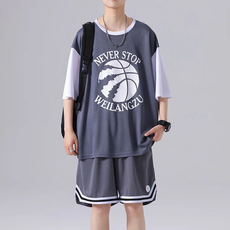 Костюм спортивный мужской с Баскетбольным принтом, повседневный комплект из футболки и шортов, однотонный, свободный, лето 2024
