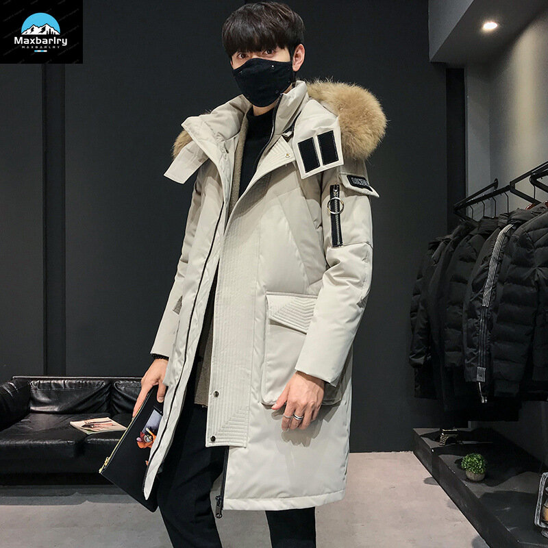 Luxury Long Down Jacket For Men's Winter Fashion Casual Fur Collar Hooded Warm Parka Coat Windproof Skiing White Duck Down Coat