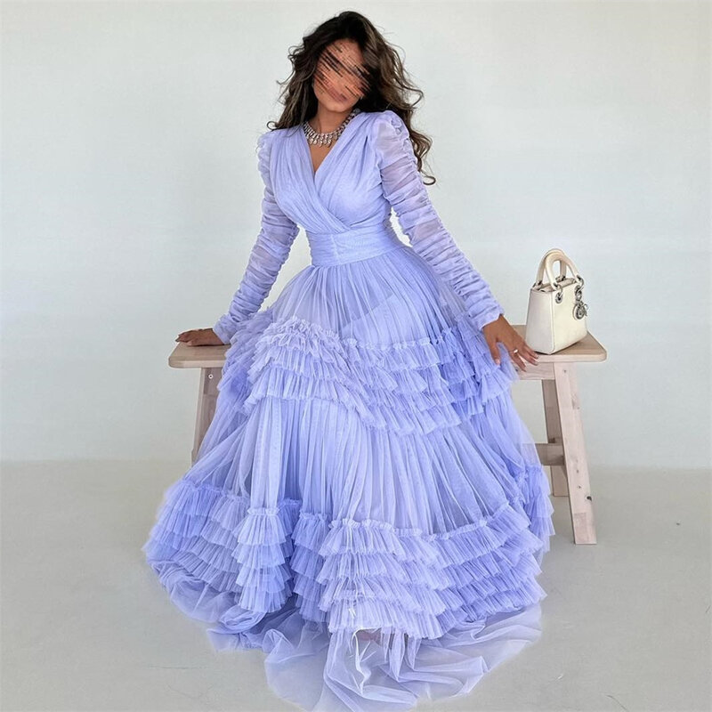 Sexy Casual Prom Dress جديد في فساتين V Neck Long Sleeve Tulle Formal Occasion Evening Gown Mecca سهره نسائيه فخمة