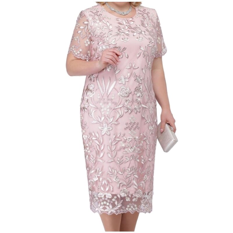 Plus Size Dress Summer New Fashion Elegant Age Reduction O-neck Lace Embroidered Mesh Short Sleeve Loose 5xl Wedding Midi Skirt