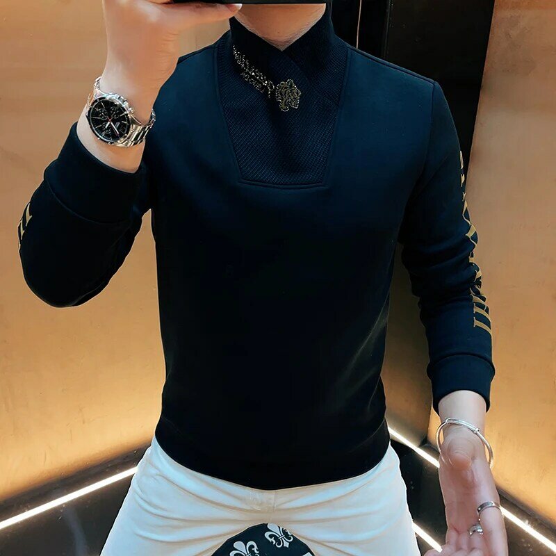 Luxury Turtleneck Winter Mens Clothing Warm Thick Man Jumper Velvet Plush Blouse Elastic Stand Collar Pullover Stretch Clothes