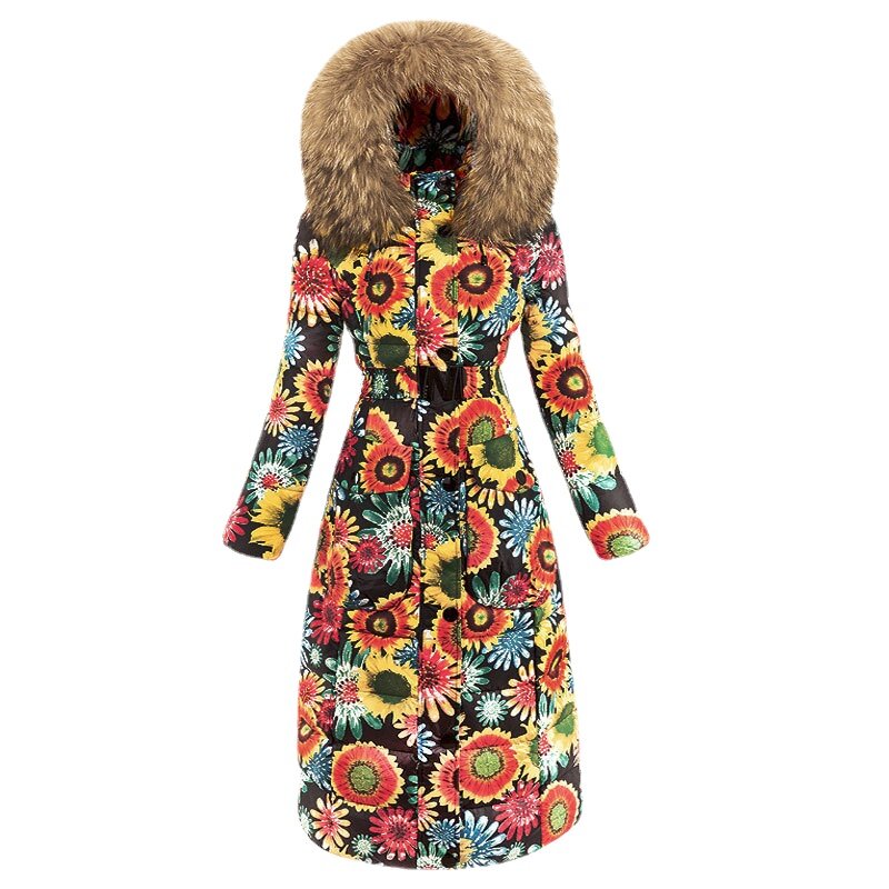 22 novas roupas femininas inverno luxuoso gola de pele de guaxinim engrossado fino longo para baixo jaqueta senhoras moda floral com capuz para baixo casaco
