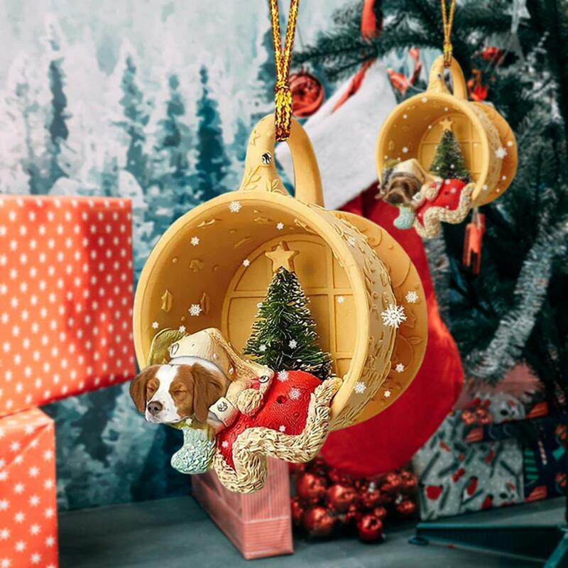 Ornements d'arbre de Noël de tasse de chien 3D, ornement plat de garde-corps, acrylique, fête, maison, décoration de voiture, Noel, Noel