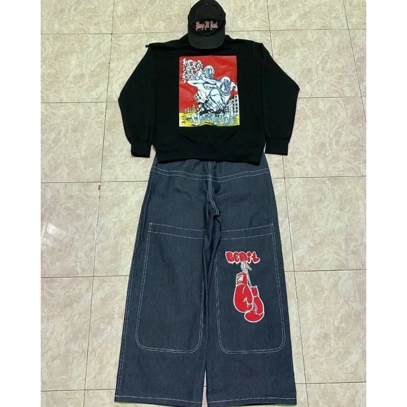 Y2K Street wysokiej jakości haftowane Hip Hop workowate dżinsy męskie plemienne dżinsy gotycka odzież uliczna spodnie Harajuku szerokie z szeroką nogawką w talii