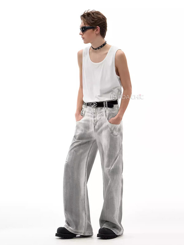 Reddic ICON celana Jin Baggy cuci kotor abu-abu celana Denim kaki lebar longgar pria celana Denim pinggang tinggi celana panjang gantung Vintage Y2k Streetwear