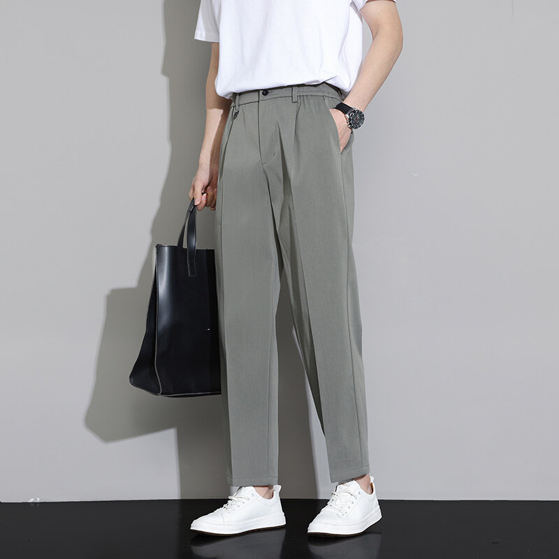 New Lightweight Men Casual Pants Solid Trousers Straight Fashionable Cropped Suit Pants Business Streetwear Comfortable Fabric