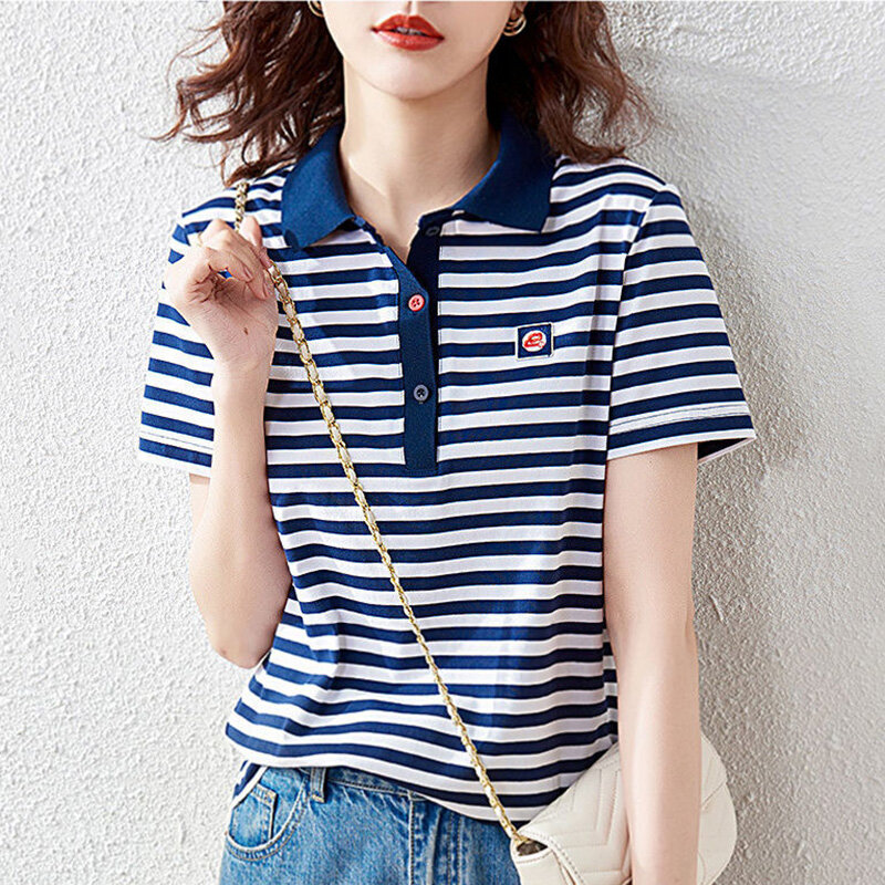 Fashion Lapel Spliced Loose Embroidery Striped Blouse Female Clothing 2023 Summer New Oversized Casual Pullovers Commute Shirt