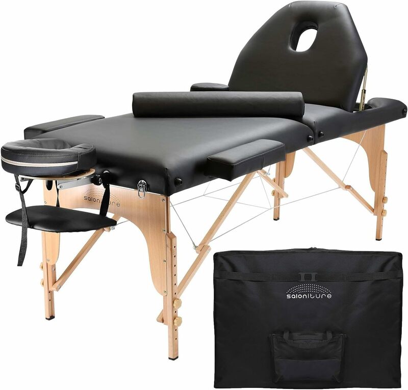 Saloniture-Mesa de masaje portátil profesional con respaldo, color negro