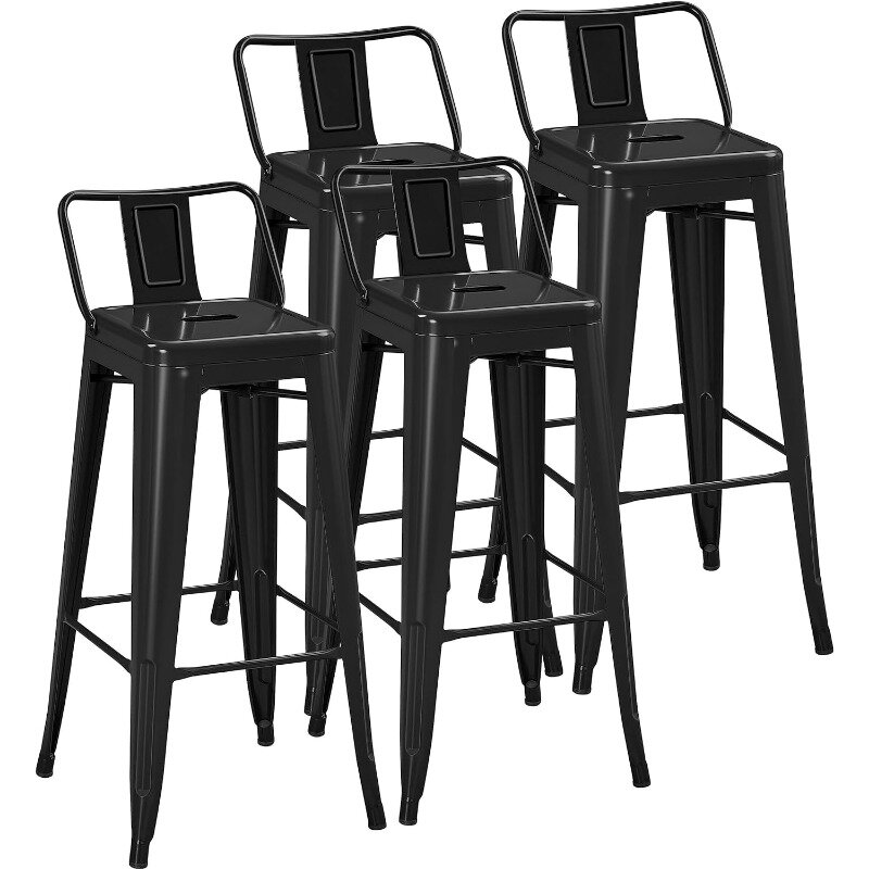 مقاعد بار معدنية مع ظهر منخفض ، كرسي مطبخ ، كراسي بارستول صناعية ، مجموعة من 4 ، استخدام داخلي وخارجي