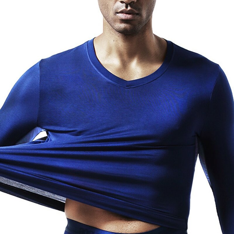 Męskie topy z długimi rękawami dolna koszula jesienno-zimowe termiczne modalne lodowy jedwab siatkowa bielizna ciepła koszulka z dekoltem w szpic Super elastyczna t-Shirt