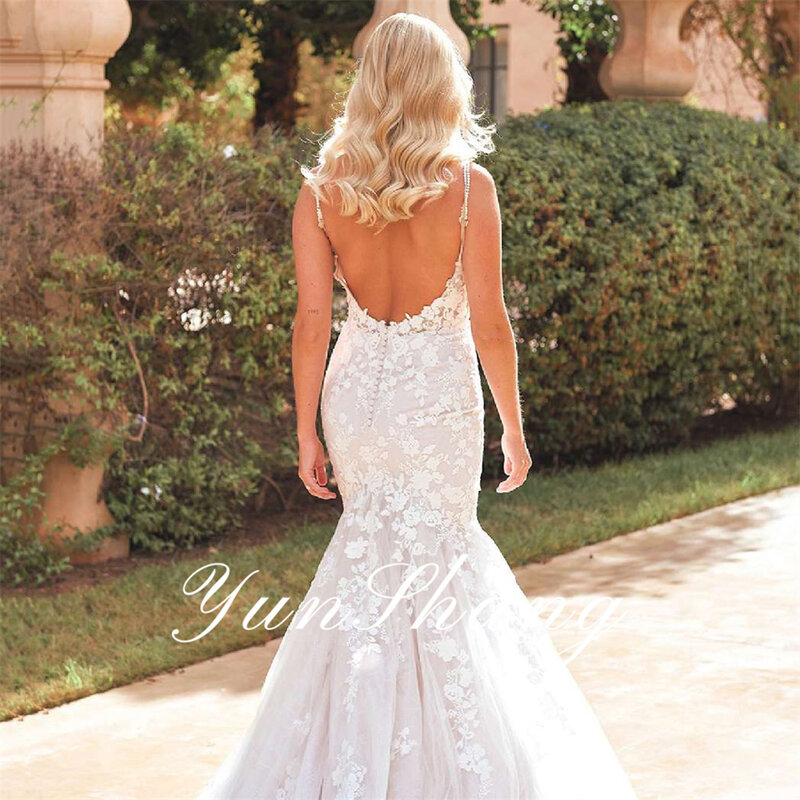 Yunshang Elegant Mermaid Wedding Dress V-Neck Spaghetti Straps Lace Open Back Applique Bridal Gown Sweep Train Vestidos De Novia