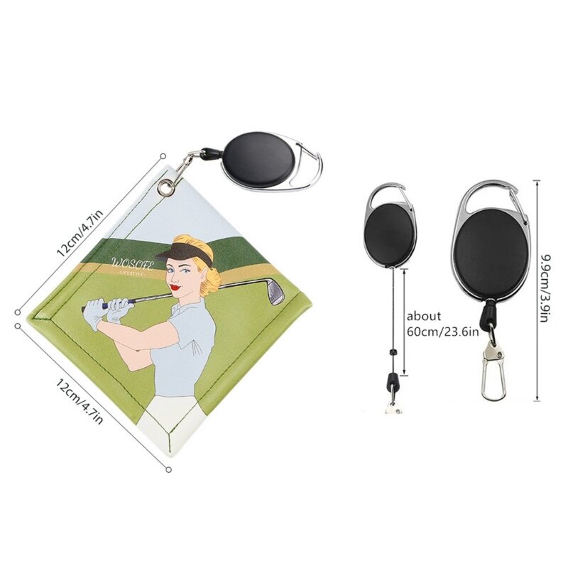 G92F Square Golf Ball Cleaning Towel with Retractable Keychain Buckle Mini Golf Ball Club Head Cleaner Wiping Cloth Durable