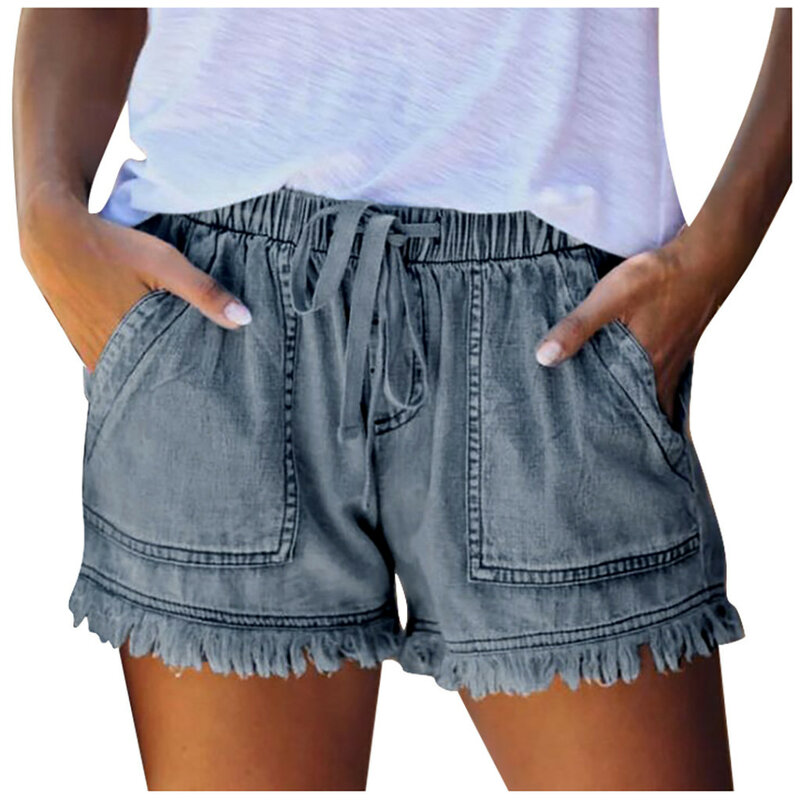 Summer Casual Women's Shorts 2024 New Fashion Drawstring Elastic Waist Tassel Denim Shorts Loose Comfort Pocket Denim Shorts