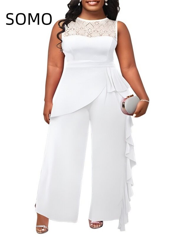 SOMO Plus Size Women Jumpsuit Solid Color Sleeveless O-neck Lace Splicing Trim Loose Straight Jumpsuits Wide Leg Pants 2024