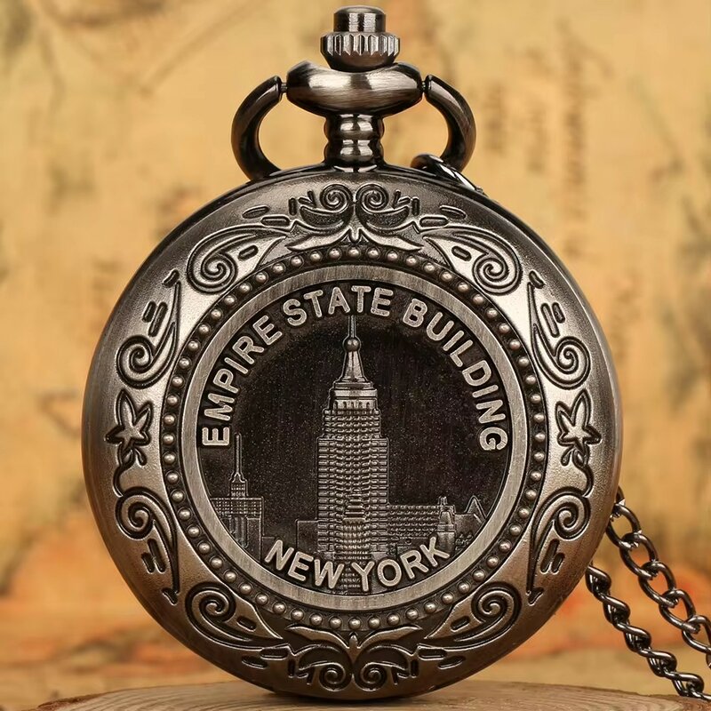 Jam tangan saku kuarsa Steampunk untuk pria, suvenir bangunan negara kerajaan New York, jam rantai Fob, hadiah terkenal