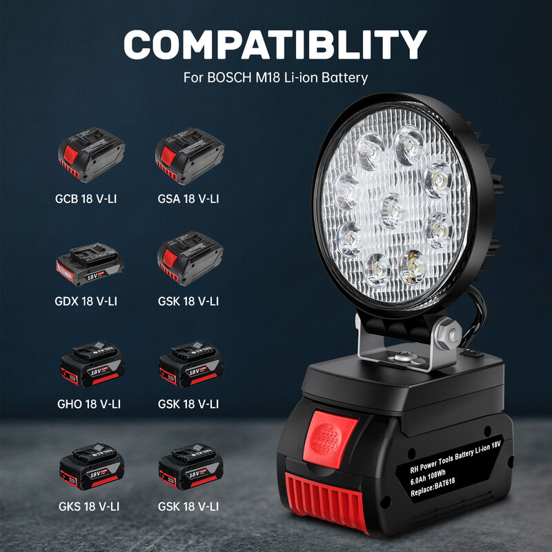 Impermeável LED luzes de trabalho para Bosch, Dewalt, Milwaukee, Makita 18V bateria, portátil Worksite, portátil LED,180 ° rotação, Super brilhante