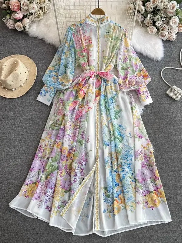 Vestido largo bohemio con estampado Floral para mujer, traje holgado de manga larga acampanada, con cordones, a la moda, 2024