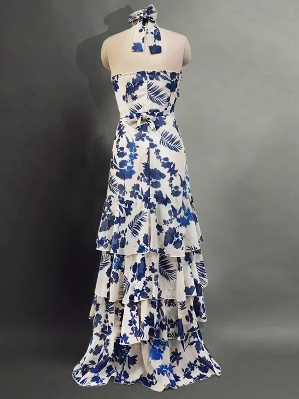 Print Tierred długie sukienki dla kobiet bez rękawów z wysokim stanem z odkrytymi długi Casual ramionami sukienka damska moda 2024