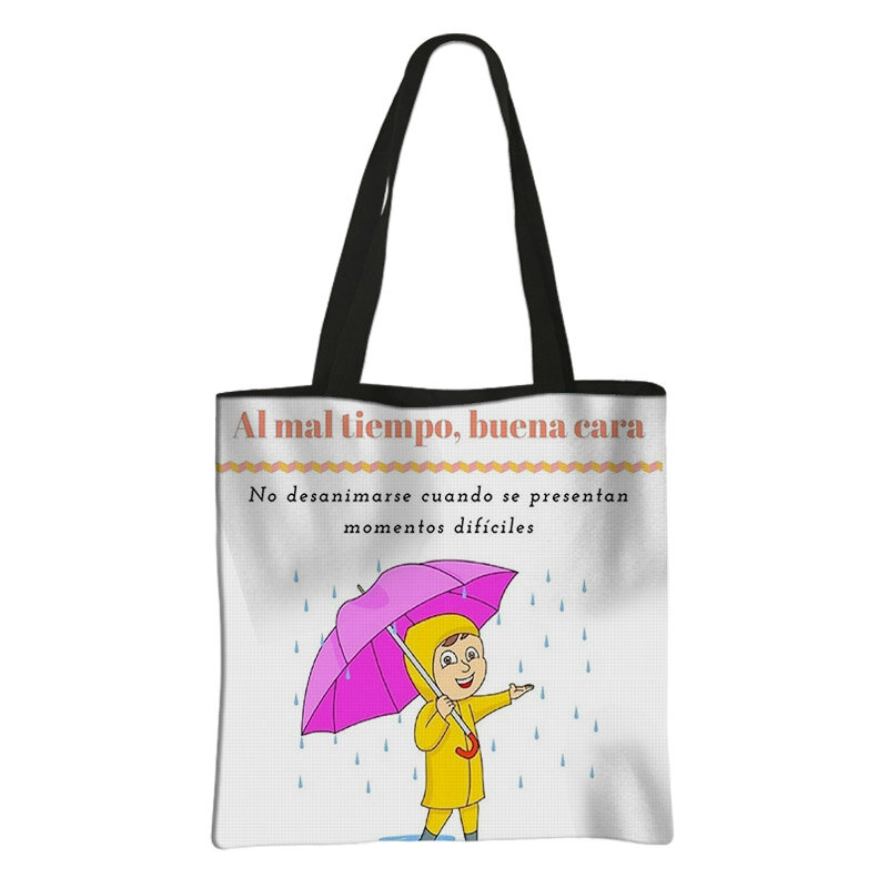 Bolsa de ombro feminina, bolsa de lona, sacolas reutilizáveis, frase positiva inspirada espanhola, citações vida, sacolas de compras