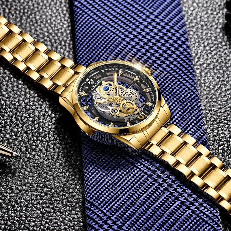 LIGE 남성용 스켈레톤 쿼츠 손목시계, 골드 스켈레톤 레트로 남성 시계, 최고 브랜드 럭셔리 시계, 신제품