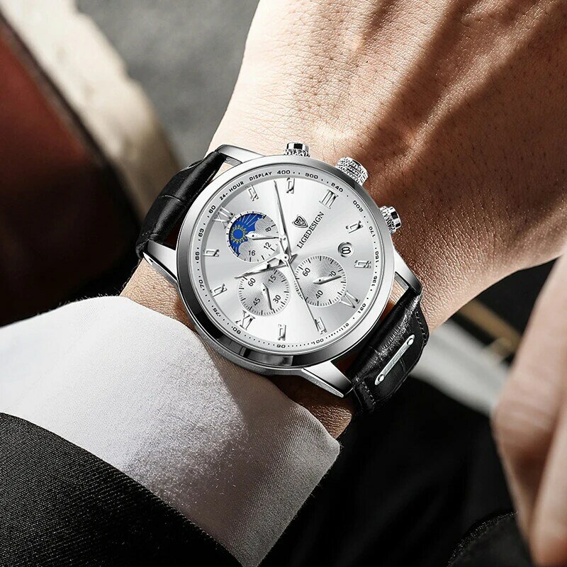 LIGE-Relógio de quartzo cronógrafo impermeável masculino, relógio de couro, relógio esportivo masculino, casual, marca de topo, luxo, caixa incluída