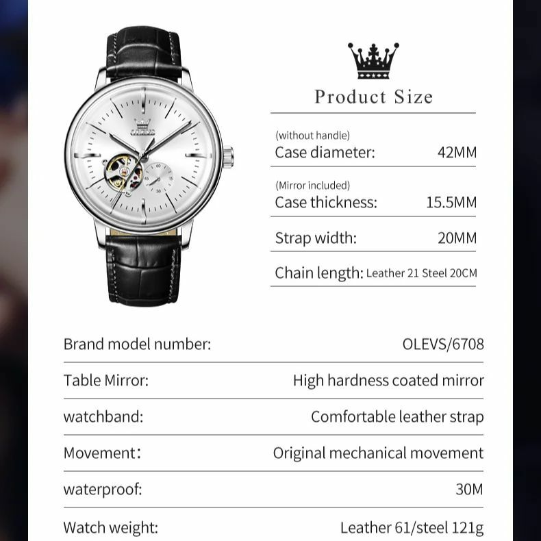 Olevs Leder armband automatische mechanische Uhr für Männer klassische Freizeit Männer Uhr Chronograph Edelstahl aushöhlen Uhren