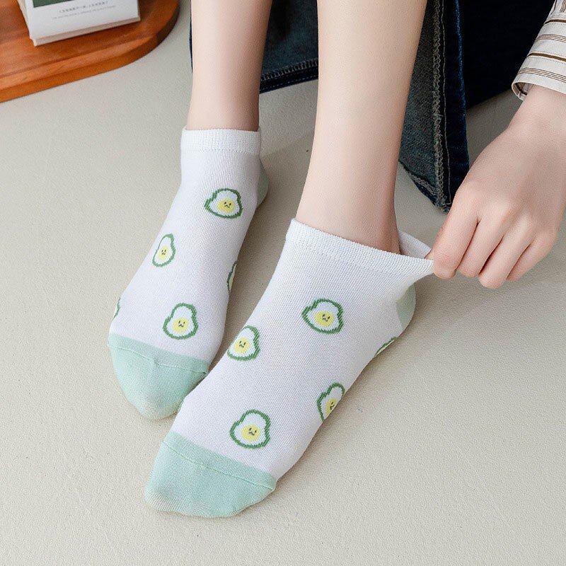 Women Socks 5 Pairs Of Checkered Avocado Printed Sweet Kawaii Fashion Women's No-show Socks Ankle Socks Woman BZ102