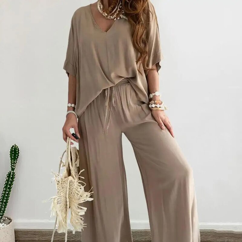 Conjunto de blusa y pantalones de pierna ancha para mujer, Camiseta holgada con cuello en V y manga de murciélago, elegante, informal
