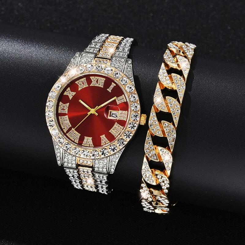 Musujący zegarek imprezowy luksusowy męski zestaw bransoletka do zegarka z kryształami górskimi z taśma metalowa dokładnym okrągła tarcza kwarcem biznesowym dla niego