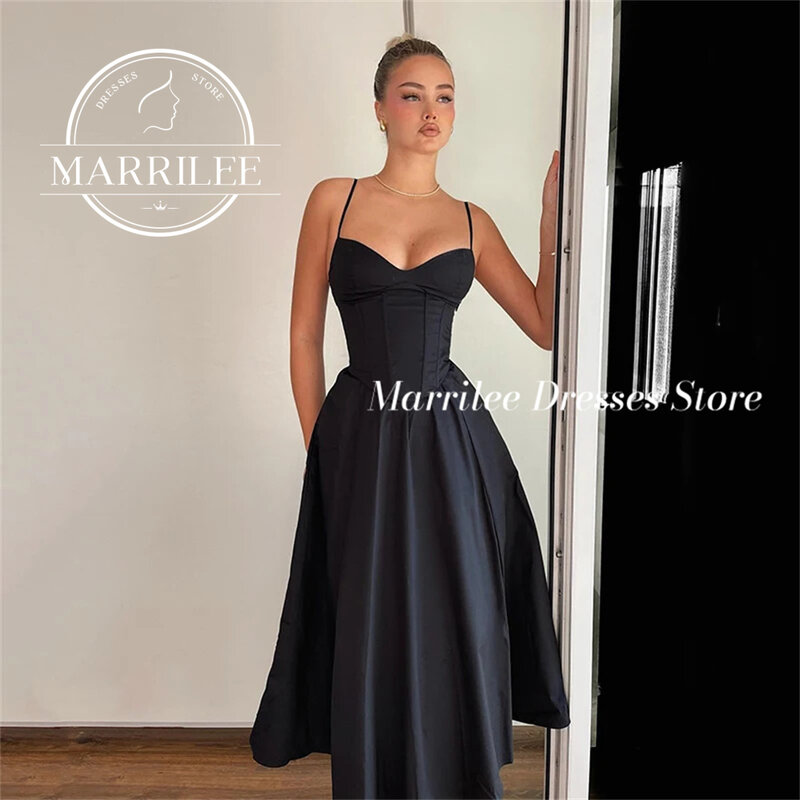 Marrilee Sexy Sweetheart Black Spaghetti Strap Stain Evening Dress Charming A-Line Tea Length Sleeveless Pleated Prom Party Gown