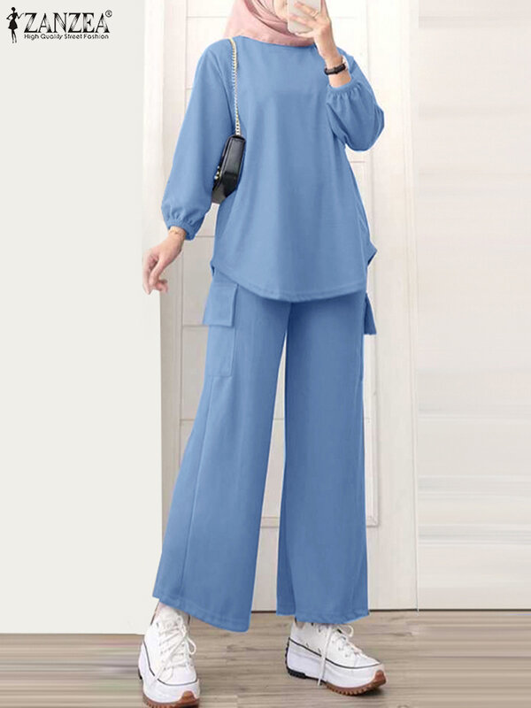 ZANZEA Casual Muslim Fashion 2pcs Outfit Stylish Islamic Loose 3/4 Sleeve Tops Pant Sets Wide Leg Trouser Spring Women Tracksuit