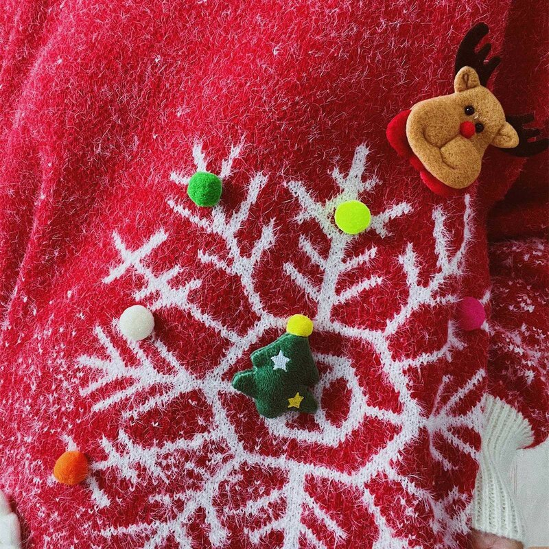 女性用長袖スキーセーター、ラウンドネック、スノーフレーク、クリスマステーマ、3つの装飾、セータースカーフ、2個