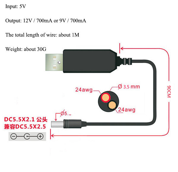 TZT-USB Linha Power Boost, DC 5V para DC 9V, 12V, Step Up Module, Conversor USB, Cabo Router 2.1x5.5mm Plug