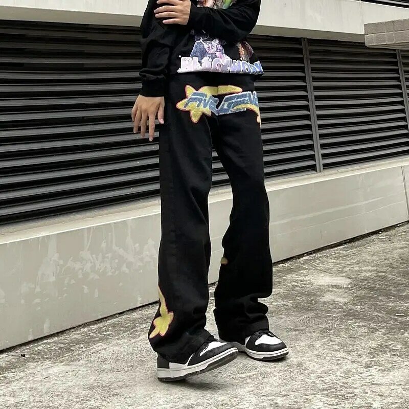 High Street Y2K Jeans Retro jahitan pria wanita Ins merek Tide Niche Fried Street Hiphop desain celana kasual