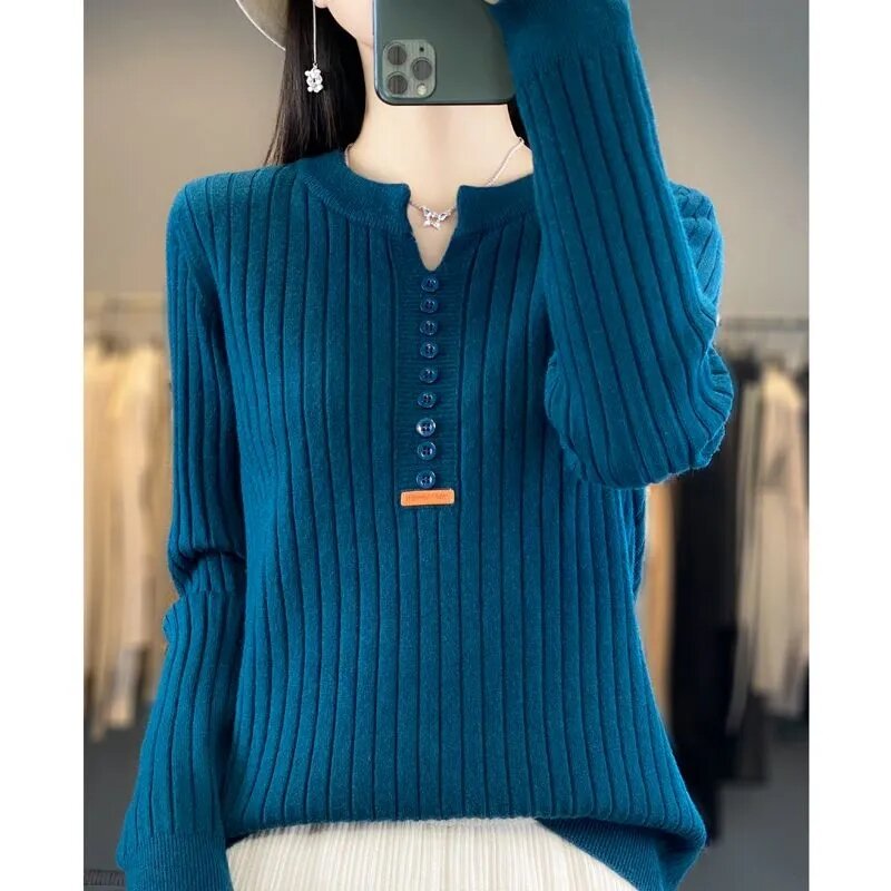 NEW Autumn Soft Knitted Pullover Women Sweater Fashion O-Neck Button Tops Ladies Elegant Knit Sweater Long Sleeve Jumper Femme