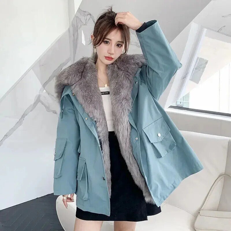 Super Hot Winter Women's Coat Faux Fur Long Thicken Overcoat Detachable Inner Tank Navy Collar