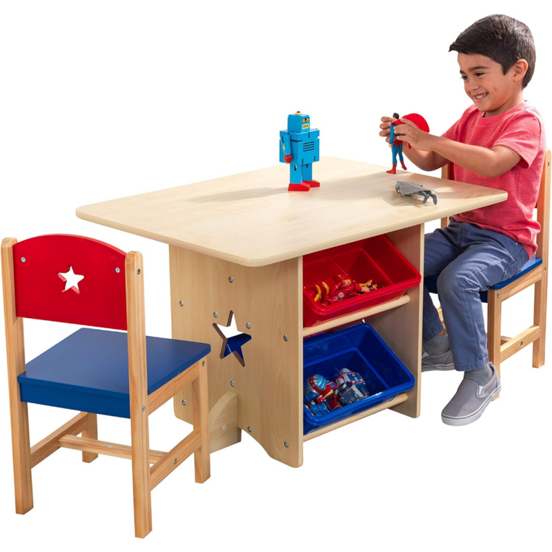 Set tavolo e sedia stella in legno con 4 contenitori, mobili per bambini-rosso, blu e naturale