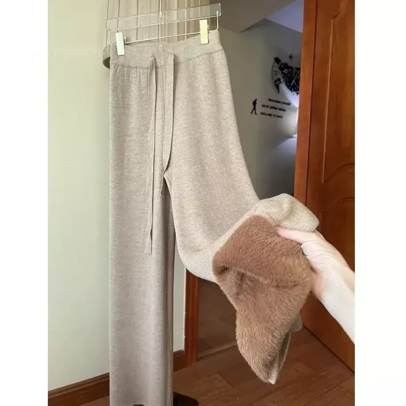 2023 Slim Simple Knit Wide-leg Pants Women's Autumn and Winter High-waisted Moped Pants Thick Casual Pants Straight