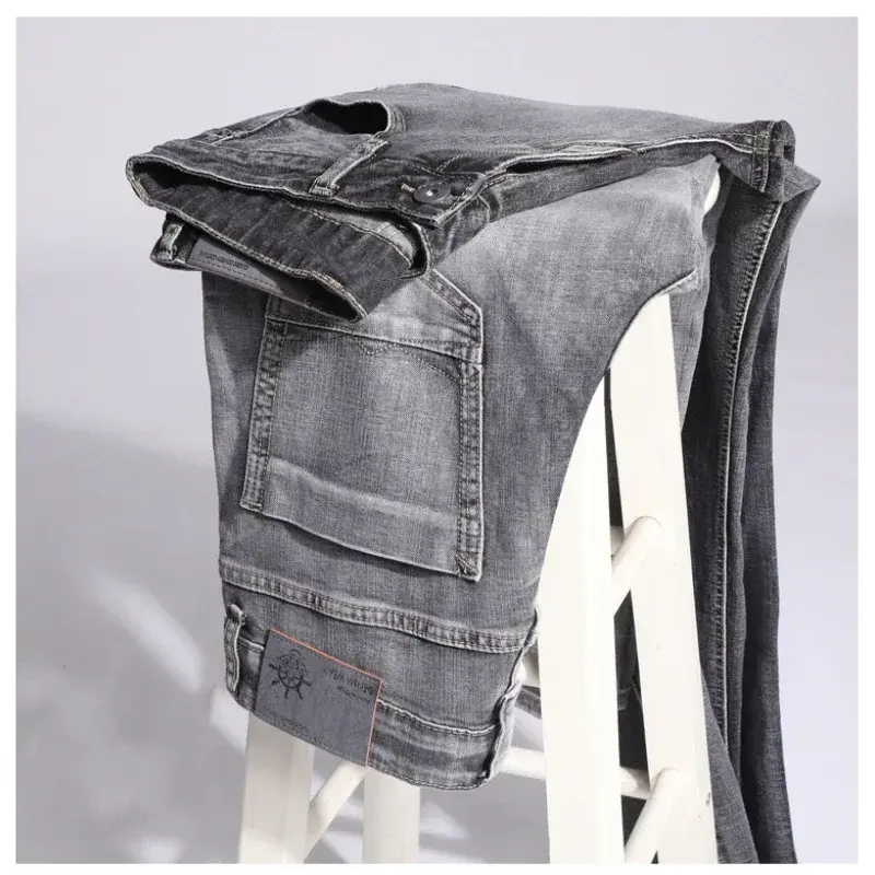 2024 Business Casual Men's Thin Denim Jeans Cotton Stretch Jeans Grey Spring Summer Brand New Fit Straight Lightweight