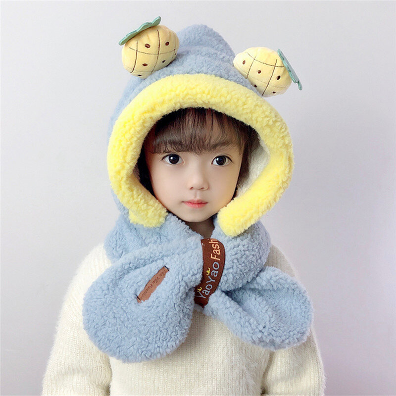 귀여운 만화 어린이 따뜻한 봉제 모자, 방풍 피부 친화적 모자, 두꺼운 어린이 봉제 모자 스카프, 2-in-1 세트, 겨울