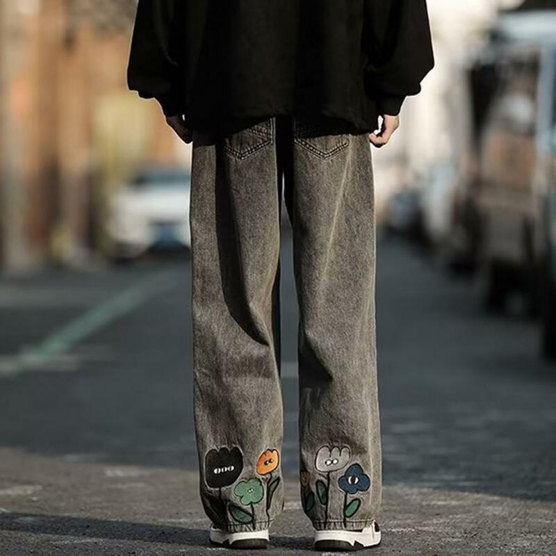 Jeans larges pour hommes avec broderie florale de dessin animé, fermeture à glissière, streetwear, taille élastique profonde, à la mode