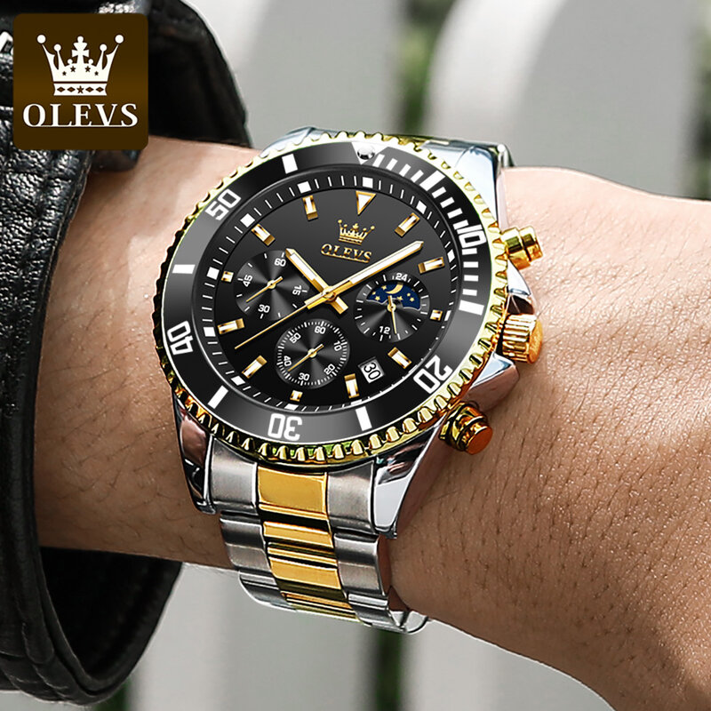 OLEVS jam tangan kuarsa untuk pria, arloji merek mewah terbaik olahraga bahan baja tahan karat dengan Chronograph tanggal untuk pria